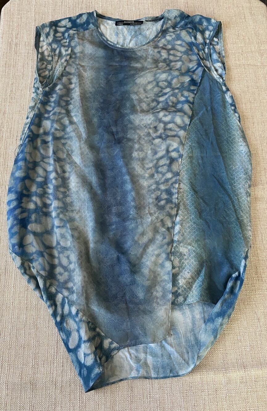 AllSaints Serpent Silk Tunic Dress Blue Abstract Print Sleeveless Size 6